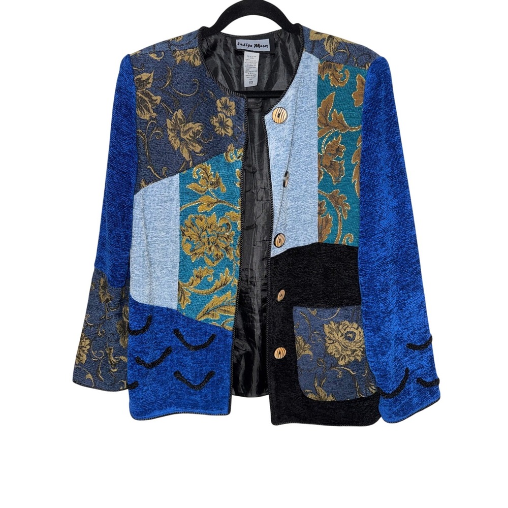 Indigo Moon Patchwork Blazer Jacket Blue Gold Floral Textured Boho Artsy XS